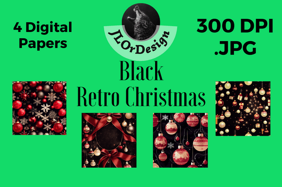 Black Retro Christmas Digital Papers: Vintage Design Assets