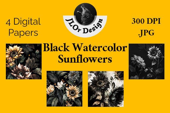 Black Watercolor Sunflowers: Bold Design Assets