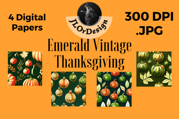 Elegant Emerald Retro Thanksgiving Digital Paper Designs