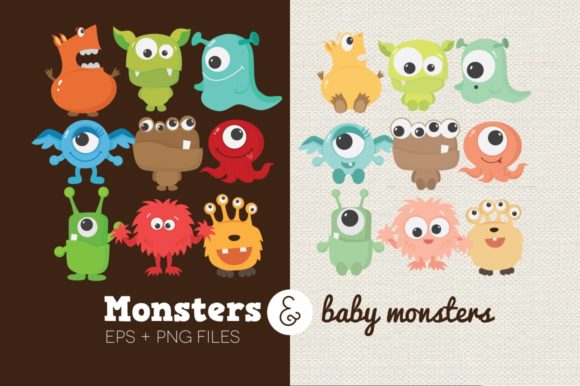 Monsters and Baby Monsters Clipart: 18 High-Res PNG & EPS Files